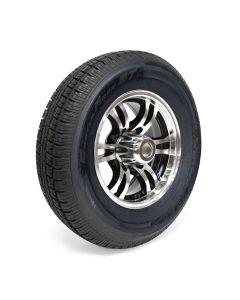 Pneu radial 225/75R15 10 plis LRE 2830 lbs Castle Rock et jante 15" 6 trous aluminium noir Jaguar