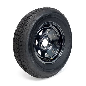 Pneu radial 225/75R15 10 plis LRE 2830 lbs Castle Rock et jante 15" 5 trous noire rally