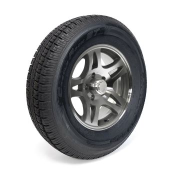 Pneu radial 225/75R15 10 plis LRE 2830 lbs Castle Rock et jante 15" 5 trous aluminium modèle-S5