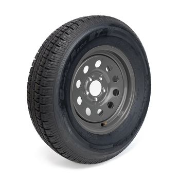 Pneu radial 225/75R15 10 plis LRE 2830 lbs Castle Rock et jante 15" 5 trous grise