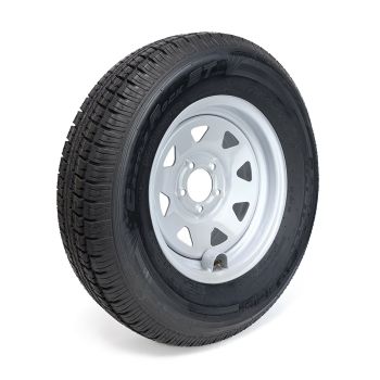 Pneu radial 225/75R15 10 plis LRE 2830 lbs Castle Rock et jante 15" 5 trous rally et protège valve